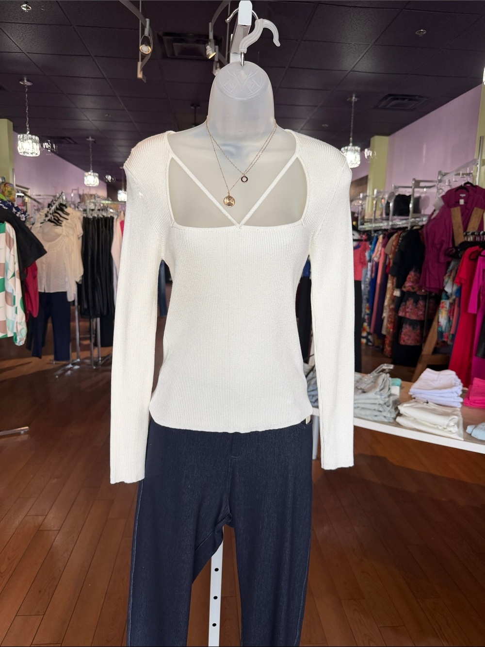 White Square-Neck Long Sleeve Knit Top